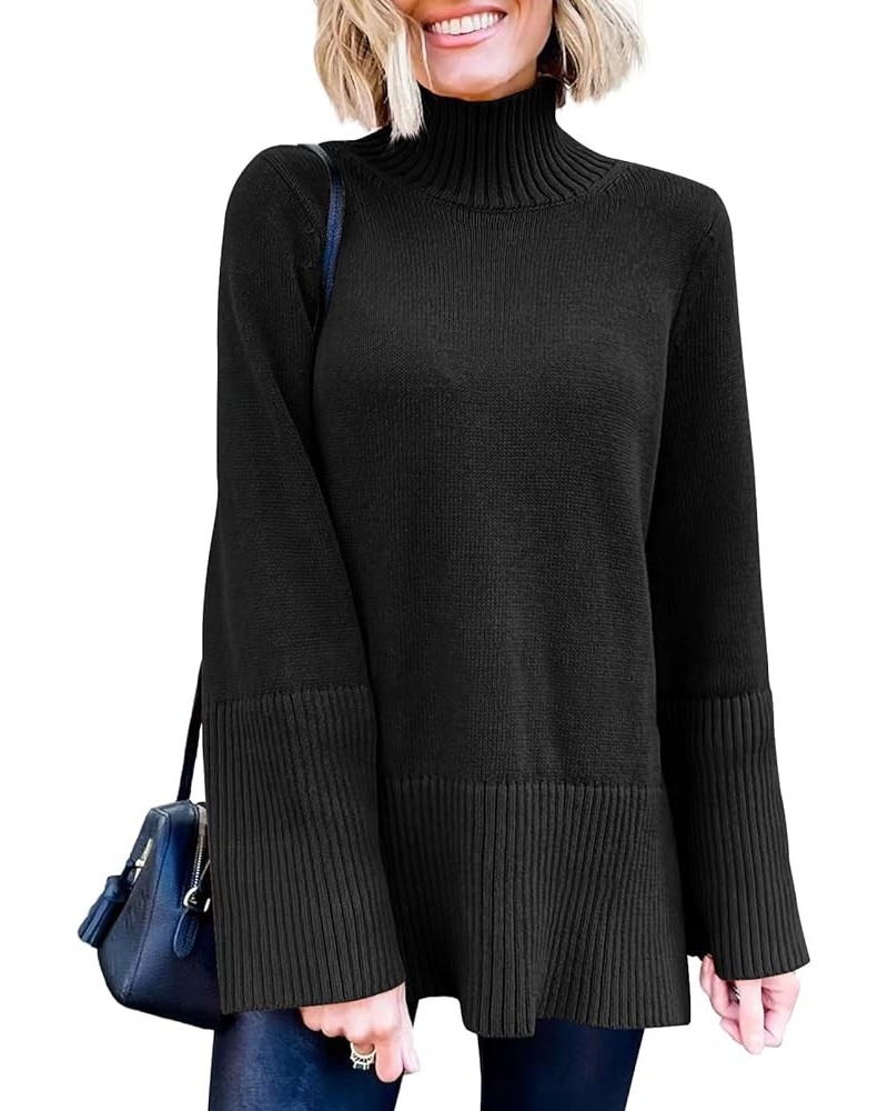 Womens Trendy Sweaters Pullover Turtleneck Oversized Long Sleeve Split Hem Casual Knit Sweater Tops Black $23.52 Sweaters