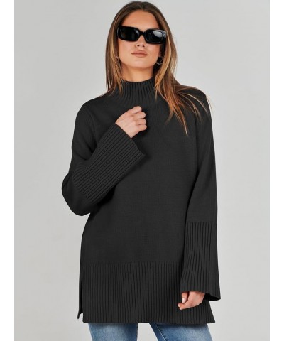 Womens Trendy Sweaters Pullover Turtleneck Oversized Long Sleeve Split Hem Casual Knit Sweater Tops Black $23.52 Sweaters