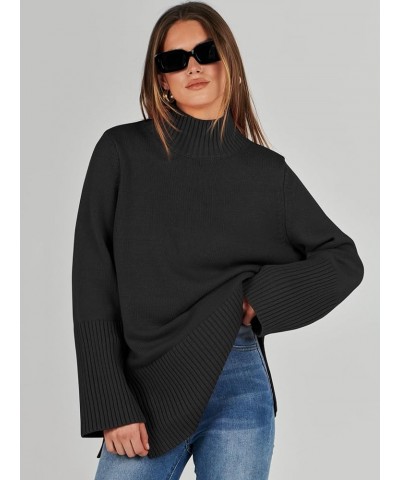 Womens Trendy Sweaters Pullover Turtleneck Oversized Long Sleeve Split Hem Casual Knit Sweater Tops Black $23.52 Sweaters