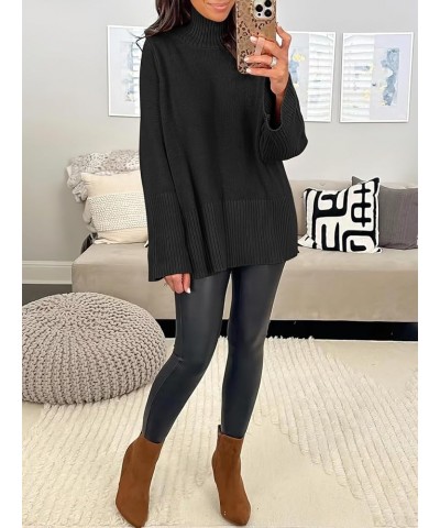 Womens Trendy Sweaters Pullover Turtleneck Oversized Long Sleeve Split Hem Casual Knit Sweater Tops Black $23.52 Sweaters