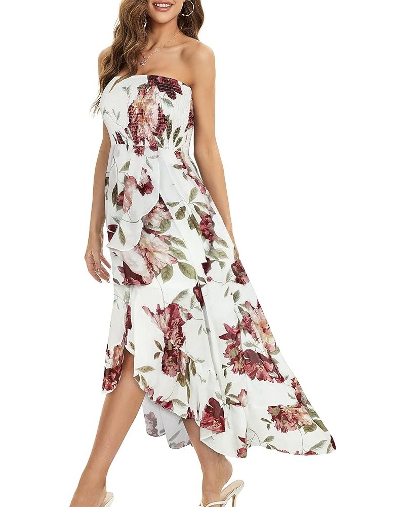 Summer Dress for Women Strapless Ruffle Sundresses Split Maxi Dresses Tube Cover-ups White Red Flower $11.50 Swimsuits