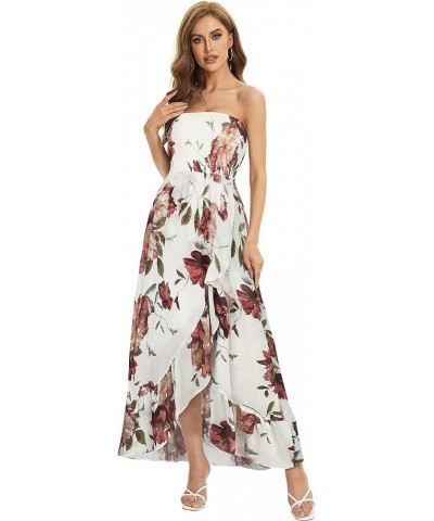 Summer Dress for Women Strapless Ruffle Sundresses Split Maxi Dresses Tube Cover-ups White Red Flower $11.50 Swimsuits