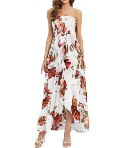 Summer Dress for Women Strapless Ruffle Sundresses Split Maxi Dresses Tube Cover-ups White Red Flower $11.50 Swimsuits