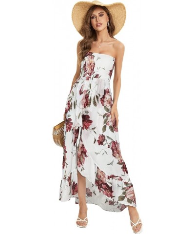 Summer Dress for Women Strapless Ruffle Sundresses Split Maxi Dresses Tube Cover-ups White Red Flower $11.50 Swimsuits