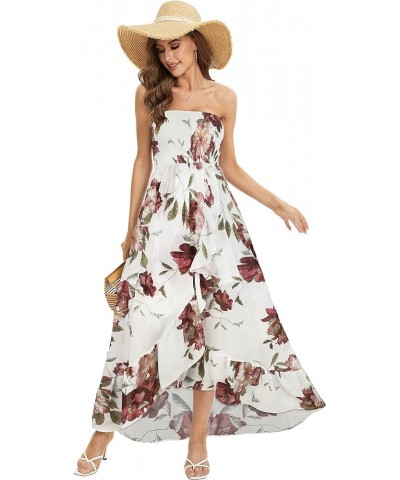 Summer Dress for Women Strapless Ruffle Sundresses Split Maxi Dresses Tube Cover-ups White Red Flower $11.50 Swimsuits