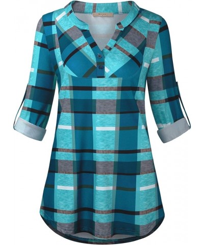 Womens Buffalo Plaid Roll Sleeve V Neck Flowy Loose Tunic Blouse 63 Blue-3 $12.15 Tops