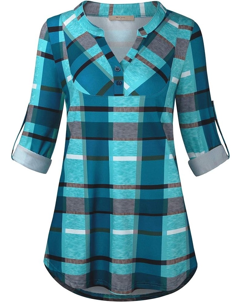 Womens Buffalo Plaid Roll Sleeve V Neck Flowy Loose Tunic Blouse 63 Blue-3 $12.15 Tops