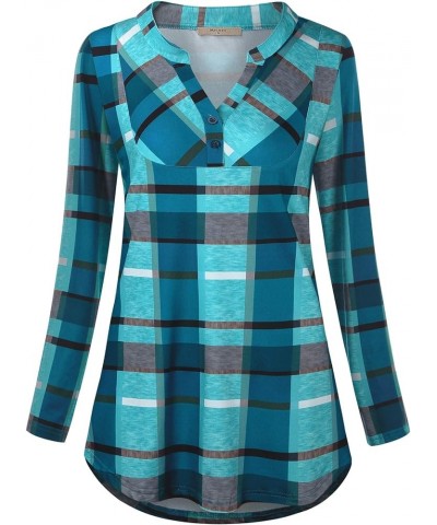 Womens Buffalo Plaid Roll Sleeve V Neck Flowy Loose Tunic Blouse 63 Blue-3 $12.15 Tops