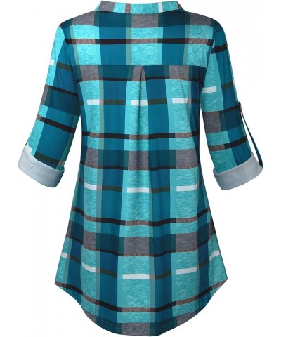 Womens Buffalo Plaid Roll Sleeve V Neck Flowy Loose Tunic Blouse 63 Blue-3 $12.15 Tops