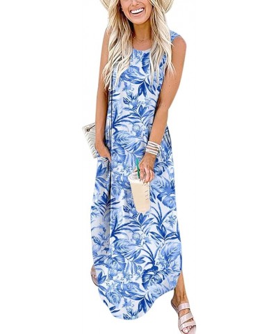 Women's Casual Loose Summer Long Dress Sleeveless Split Beach Maxi Dresses with Pockets Print Blue Flower $17.60 Dresses