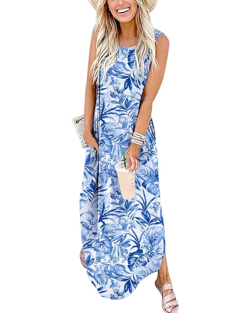 Women's Casual Loose Summer Long Dress Sleeveless Split Beach Maxi Dresses with Pockets Print Blue Flower $17.60 Dresses