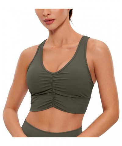 Womens Ulti-Dry Ruched V-Neck Longline Sports Bra - Racerback Padded Low Cut Yoga Bra Crop Tank Top Olive Green $15.19 Lingerie