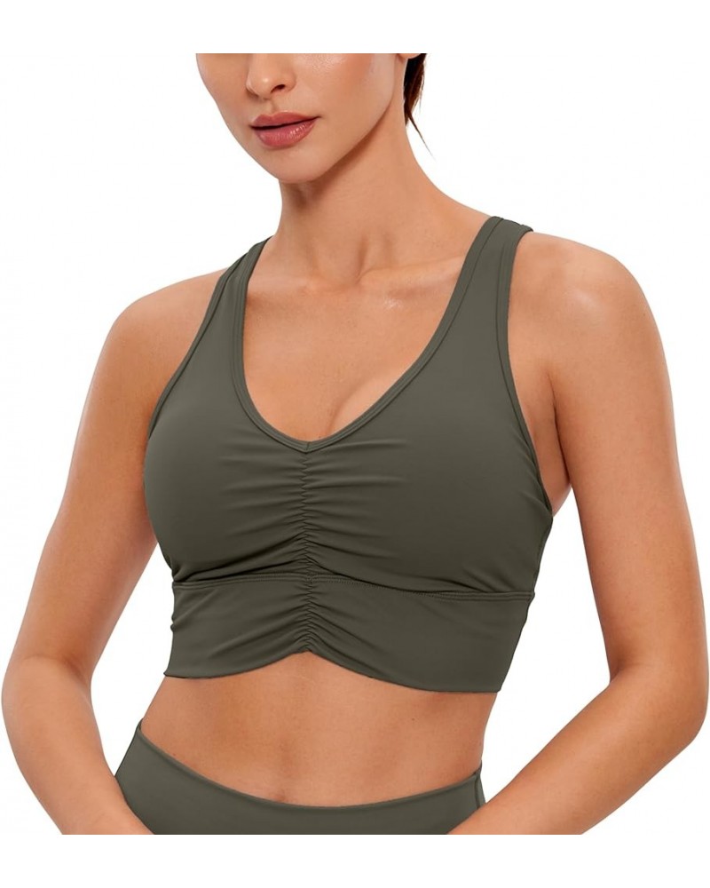 Womens Ulti-Dry Ruched V-Neck Longline Sports Bra - Racerback Padded Low Cut Yoga Bra Crop Tank Top Olive Green $15.19 Lingerie