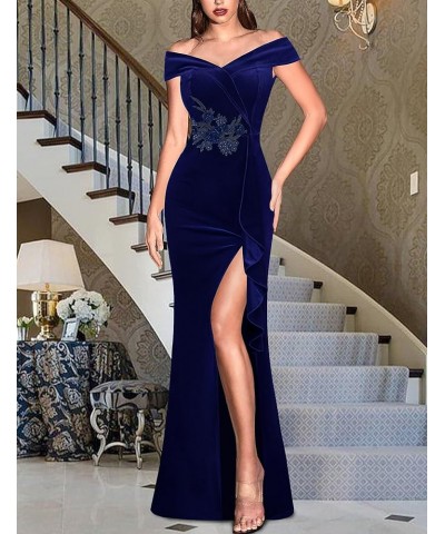 Womens Sexy Elegant Formal Prom Off Shoulder Ruffle High Slit Maxi Dress 2023 3D Flower Applique Cocktail Evening Gown Blue V...