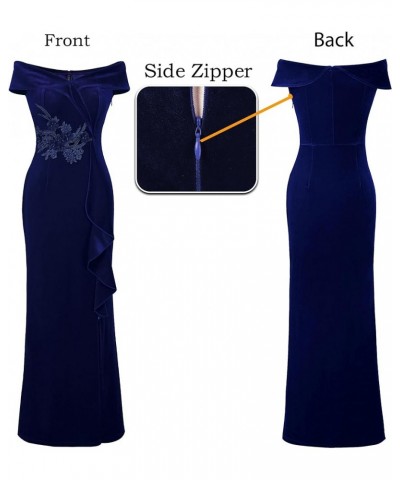 Womens Sexy Elegant Formal Prom Off Shoulder Ruffle High Slit Maxi Dress 2023 3D Flower Applique Cocktail Evening Gown Blue V...