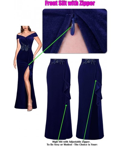 Womens Sexy Elegant Formal Prom Off Shoulder Ruffle High Slit Maxi Dress 2023 3D Flower Applique Cocktail Evening Gown Blue V...