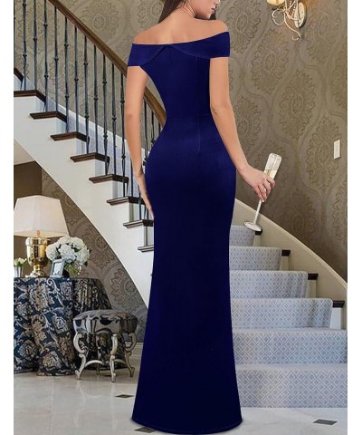 Womens Sexy Elegant Formal Prom Off Shoulder Ruffle High Slit Maxi Dress 2023 3D Flower Applique Cocktail Evening Gown Blue V...