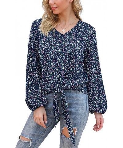 Womens Tie Front Knot Lartern Sleeve Loose Fit V Neck Floral Blouses Chiffon Tops Shirts Floral Navy Blue $11.99 Blouses