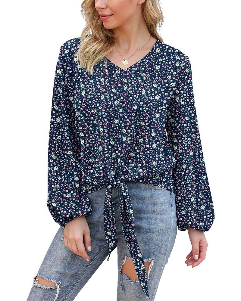 Womens Tie Front Knot Lartern Sleeve Loose Fit V Neck Floral Blouses Chiffon Tops Shirts Floral Navy Blue $11.99 Blouses