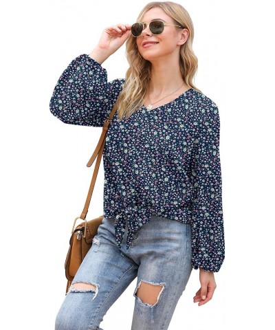 Womens Tie Front Knot Lartern Sleeve Loose Fit V Neck Floral Blouses Chiffon Tops Shirts Floral Navy Blue $11.99 Blouses