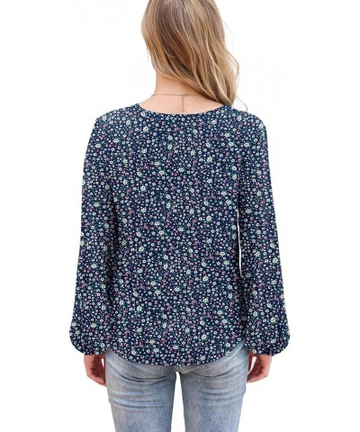 Womens Tie Front Knot Lartern Sleeve Loose Fit V Neck Floral Blouses Chiffon Tops Shirts Floral Navy Blue $11.99 Blouses