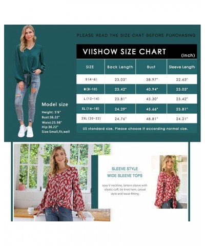 Womens Tie Front Knot Lartern Sleeve Loose Fit V Neck Floral Blouses Chiffon Tops Shirts Floral Navy Blue $11.99 Blouses