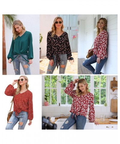 Womens Tie Front Knot Lartern Sleeve Loose Fit V Neck Floral Blouses Chiffon Tops Shirts Floral Navy Blue $11.99 Blouses