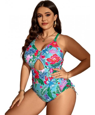 Women's Plus Size Floral Print Cutout Drawstring One Piece Swimsuit Monokini Multi Boho Print $16.34 Swimsuits