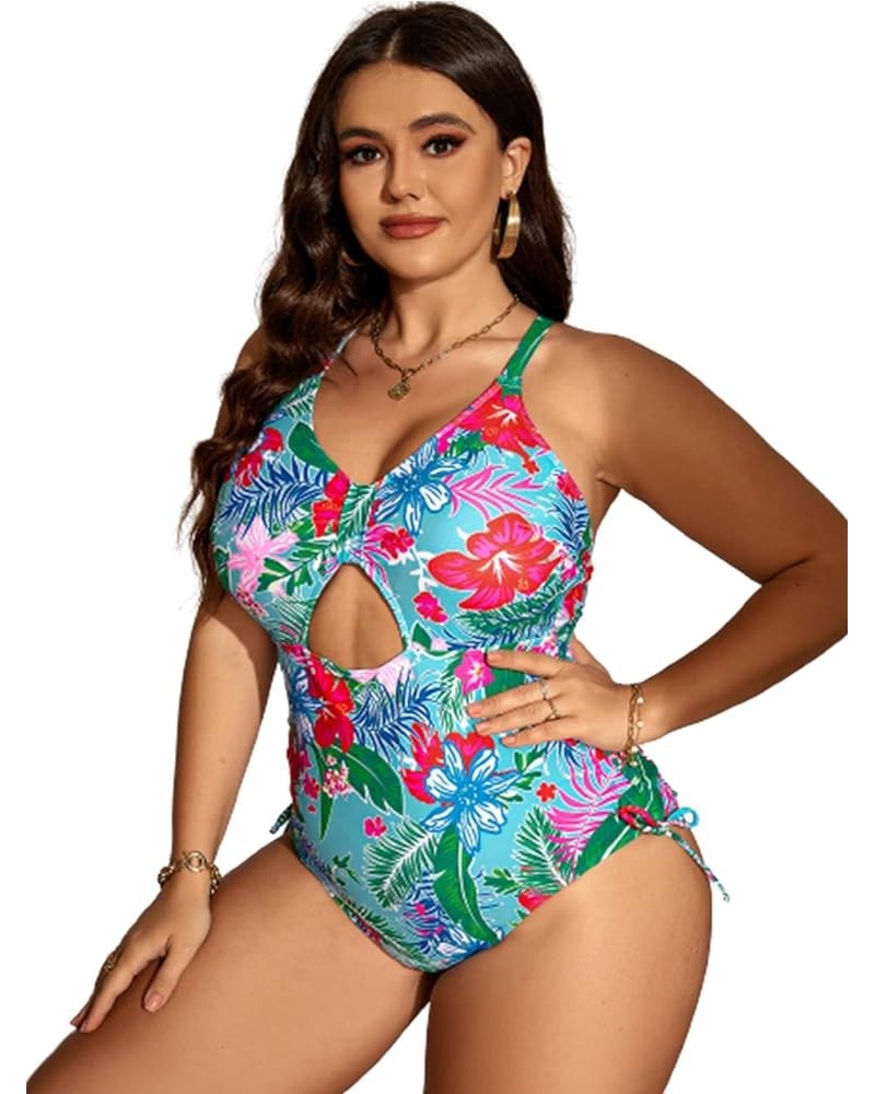 Women's Plus Size Floral Print Cutout Drawstring One Piece Swimsuit Monokini Multi Boho Print $16.34 Swimsuits