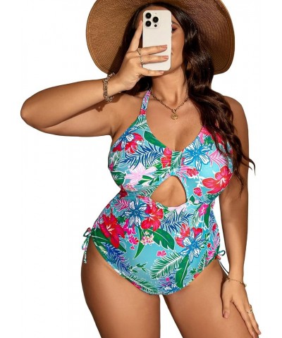 Women's Plus Size Floral Print Cutout Drawstring One Piece Swimsuit Monokini Multi Boho Print $16.34 Swimsuits