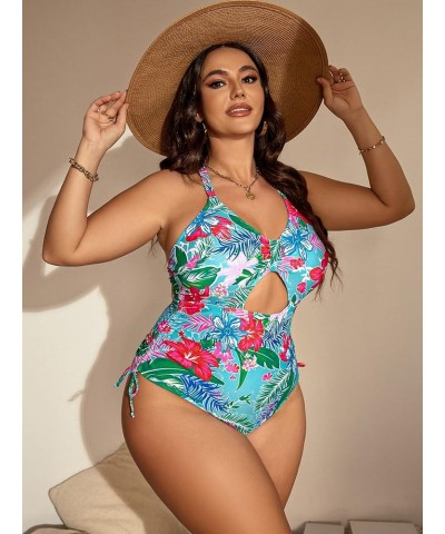 Women's Plus Size Floral Print Cutout Drawstring One Piece Swimsuit Monokini Multi Boho Print $16.34 Swimsuits