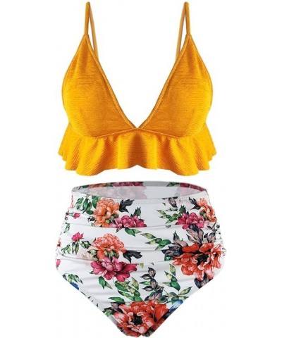 Womens High Waisted Swimsuit Ruffle Print Bikini Swimwear Two Pieces Bathing Suit Yellow $11.07 Swimsuits