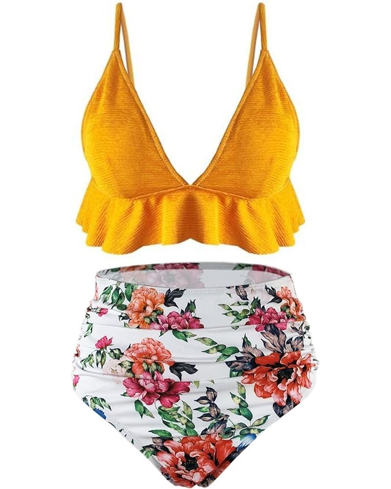 Womens High Waisted Swimsuit Ruffle Print Bikini Swimwear Two Pieces Bathing Suit Yellow $11.07 Swimsuits