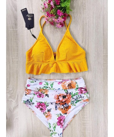 Womens High Waisted Swimsuit Ruffle Print Bikini Swimwear Two Pieces Bathing Suit Yellow $11.07 Swimsuits