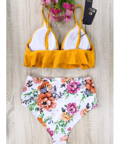 Womens High Waisted Swimsuit Ruffle Print Bikini Swimwear Two Pieces Bathing Suit Yellow $11.07 Swimsuits