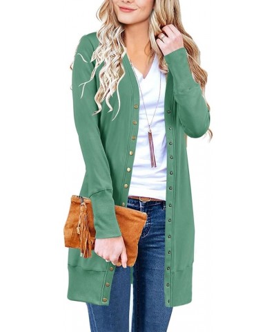 Women's 2024 Fall Long Sleeve Snap Button Down Solid Color Knit Ribbed Neckline Cardigans Dusty Green $15.96 Sweaters