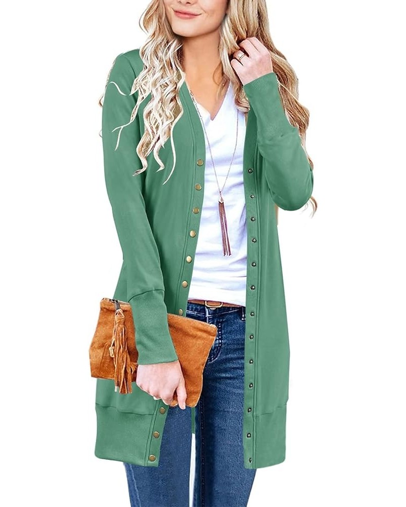 Women's 2024 Fall Long Sleeve Snap Button Down Solid Color Knit Ribbed Neckline Cardigans Dusty Green $15.96 Sweaters