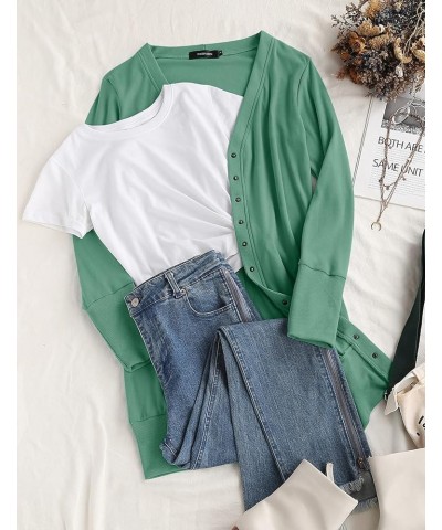 Women's 2024 Fall Long Sleeve Snap Button Down Solid Color Knit Ribbed Neckline Cardigans Dusty Green $15.96 Sweaters