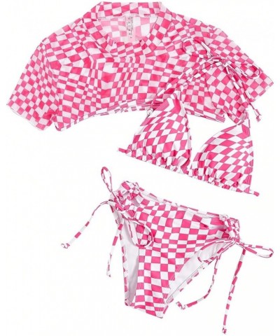 Women's 3 Pieces Checkered Tie Side Bikini Swimsuit with Cover Up Top Hot Pink $22.19 Swimsuits