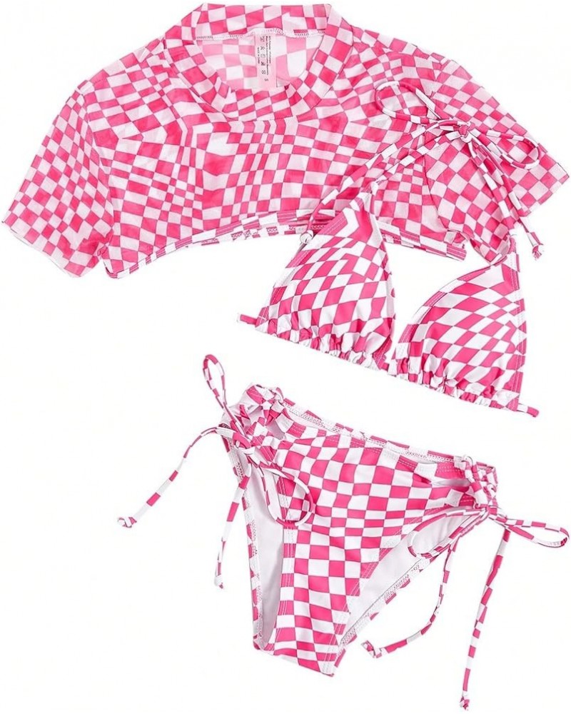 Women's 3 Pieces Checkered Tie Side Bikini Swimsuit with Cover Up Top Hot Pink $22.19 Swimsuits