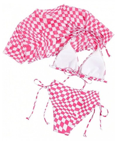 Women's 3 Pieces Checkered Tie Side Bikini Swimsuit with Cover Up Top Hot Pink $22.19 Swimsuits