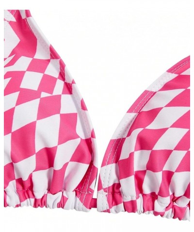 Women's 3 Pieces Checkered Tie Side Bikini Swimsuit with Cover Up Top Hot Pink $22.19 Swimsuits