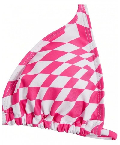 Women's 3 Pieces Checkered Tie Side Bikini Swimsuit with Cover Up Top Hot Pink $22.19 Swimsuits