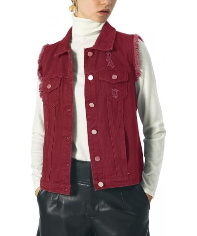 Women's Stretchy V-Neck Button Up Unlined Ripped Denim Waistcoat Vest B-wine Red $13.16 Vests