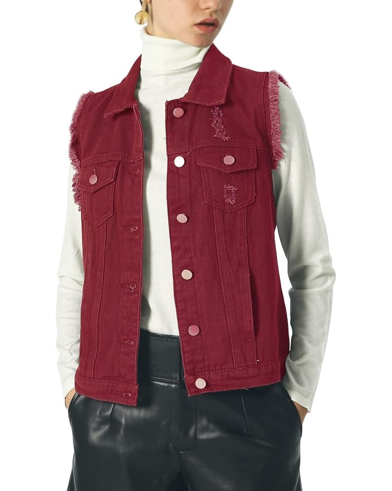 Women's Stretchy V-Neck Button Up Unlined Ripped Denim Waistcoat Vest B-wine Red $13.16 Vests