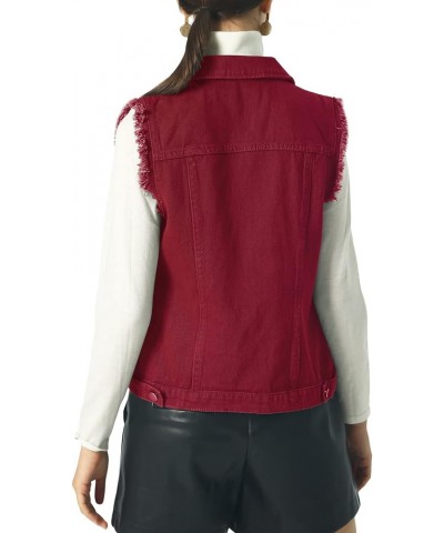 Women's Stretchy V-Neck Button Up Unlined Ripped Denim Waistcoat Vest B-wine Red $13.16 Vests