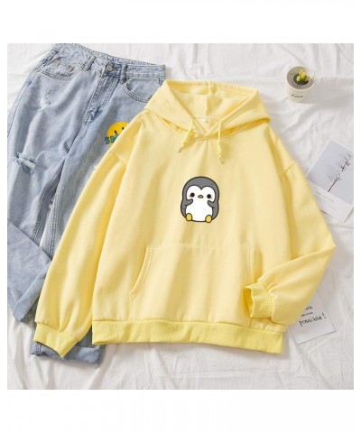 Womens Sweatshirt Cute Penguin Pattern Pocket Drawstring Casual Cotton Hoodie Yellow $17.05 Hoodies & Sweatshirts