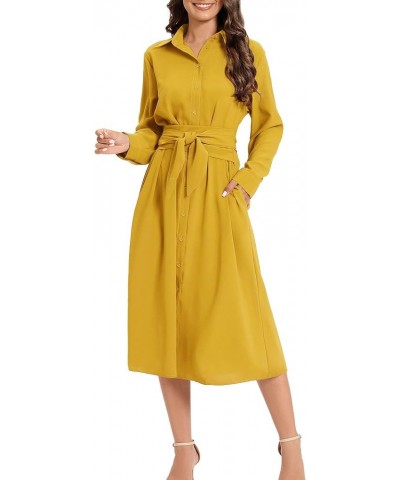 Women's Casual Button Down Belted Shirt Dress Long Sleeve Flowy A Line Dresses with Pockets Yellow $27.55 Dresses