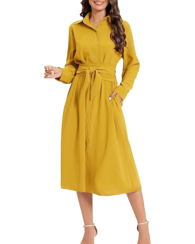 Women's Casual Button Down Belted Shirt Dress Long Sleeve Flowy A Line Dresses with Pockets Yellow $27.55 Dresses