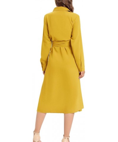 Women's Casual Button Down Belted Shirt Dress Long Sleeve Flowy A Line Dresses with Pockets Yellow $27.55 Dresses